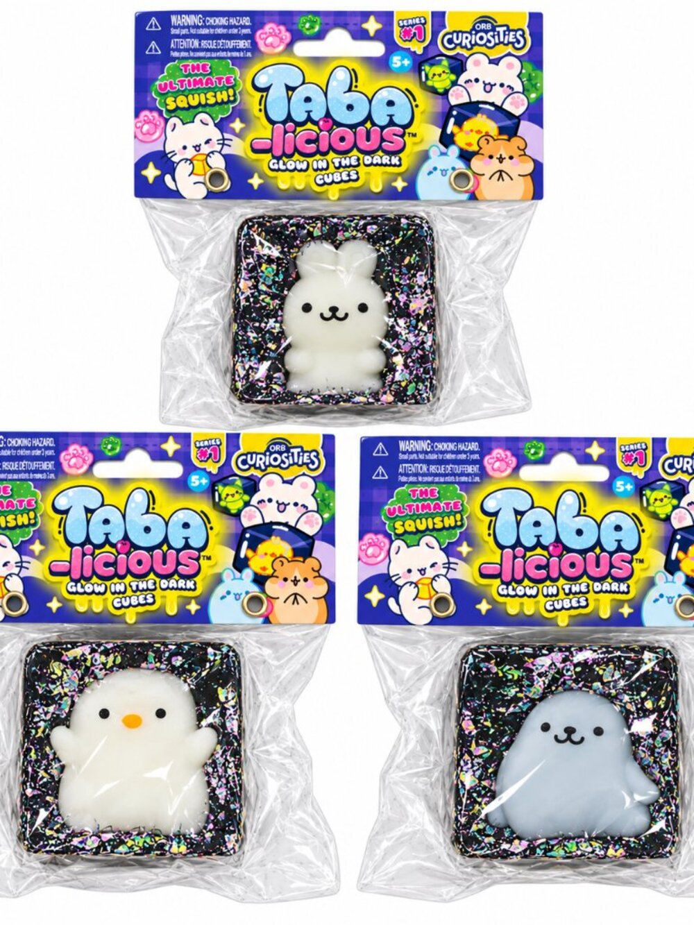 ORB CURIOSITIES TABA-LICIOUS GLOW IN THE DARK CUBES SQUISHY TOYS 3 PACK